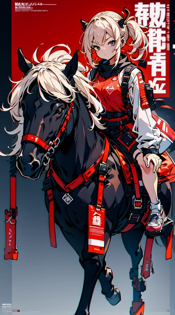 Horse-themed characters, サイバーパンク, オーバーサイズパーカー, Wearing big sneakers, whole body, Simple Background, Magazine cover style, Scarlet image color, Horse tail, Run at full speed, Running pose, horse ears, tachi-e, projected inset, UHD, best quality, highres, 8k