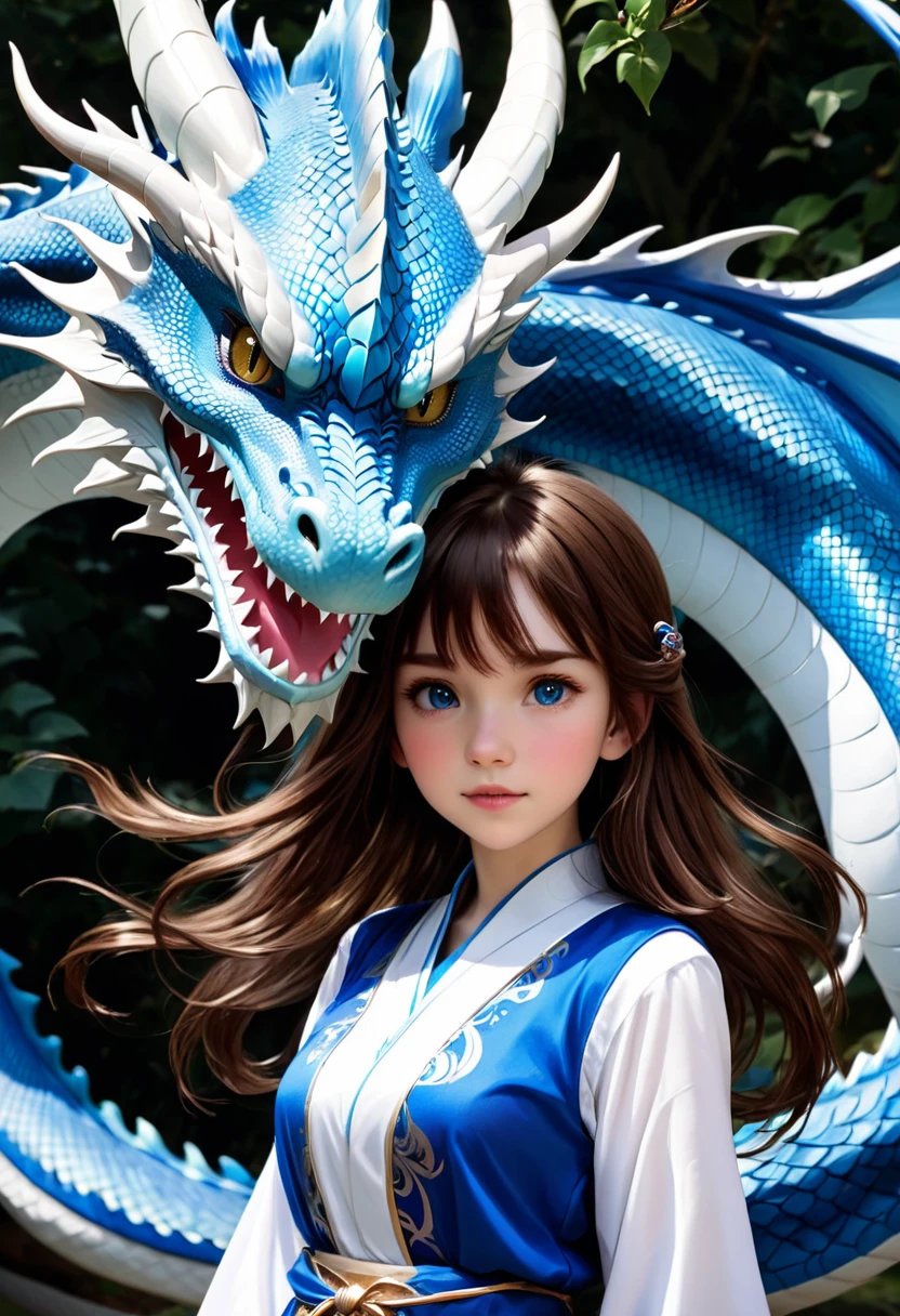 Brown hair girl and blue and white dragon