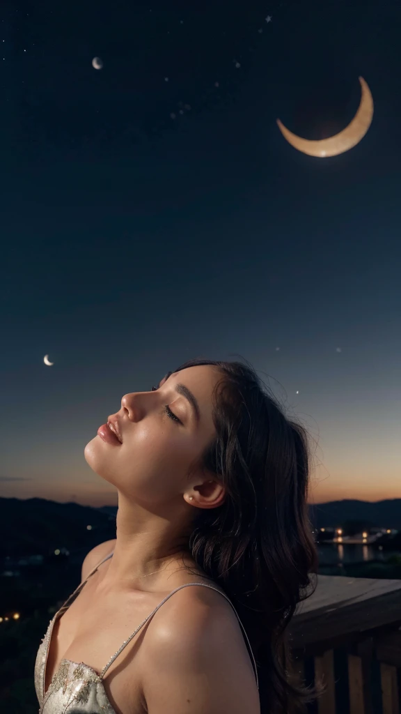 A serene night sky with a crescent moon and stars. Beautiful, gorgeous, breathtaking, look so stunning, super details, realistic 8k