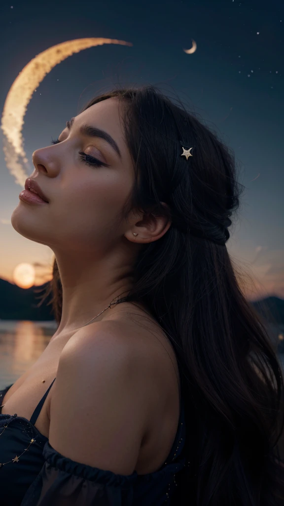 A serene night sky with a crescent moon and stars. Beautiful, gorgeous, breathtaking, look so stunning, super details, realistic 8k