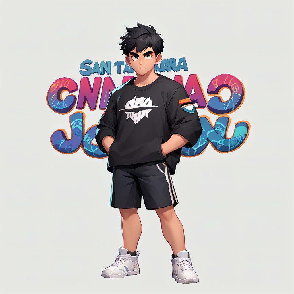 A boy with short black hair, black tee, shorts laranja, White sneakers, hands in pockets, White background, graffiti in background,Simple details, work of art,high qualiy,
