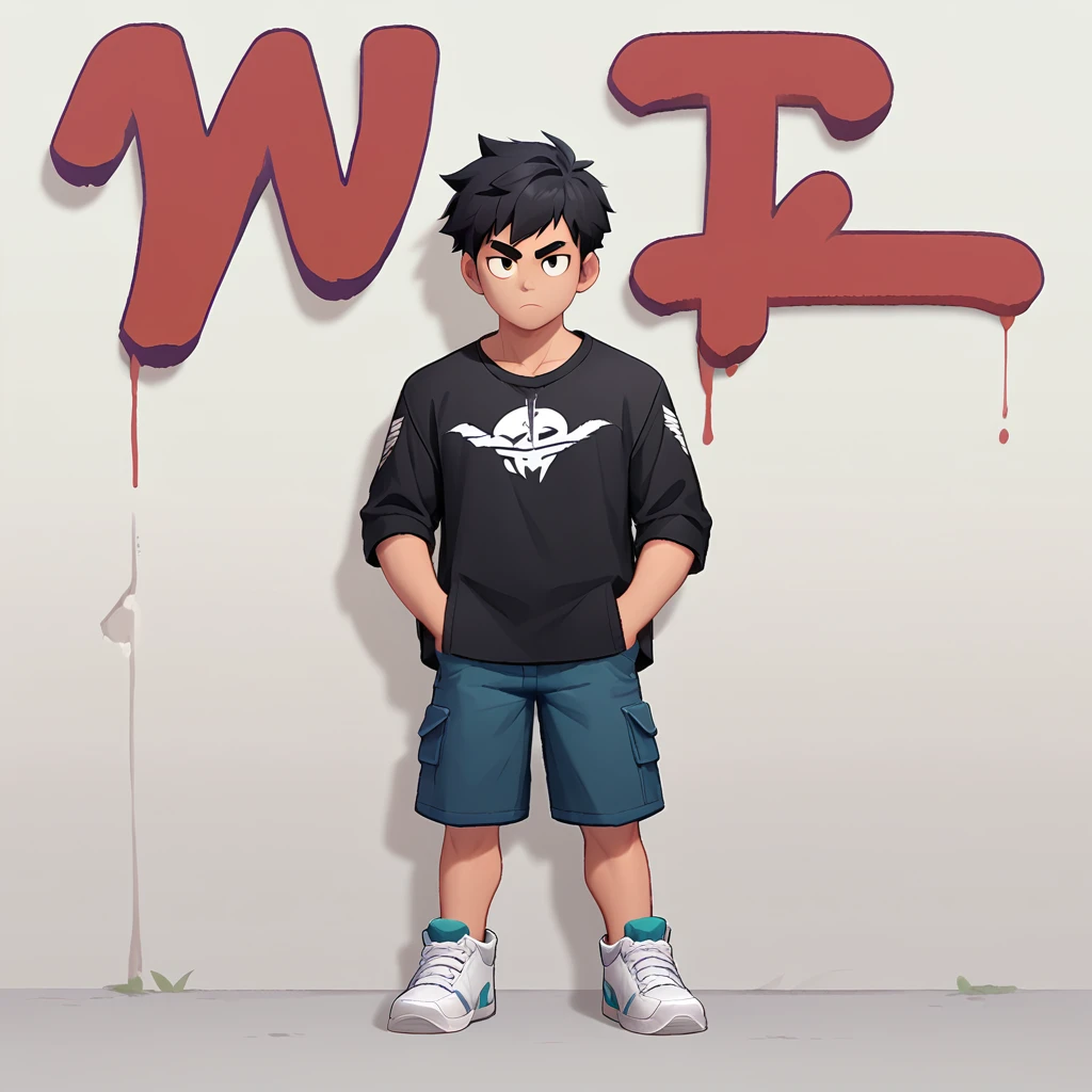 A boy with short black hair, black tee, shorts laranja, White sneakers, hands in pockets, White background, graffiti in background,Simple details, work of art,high qualiy,