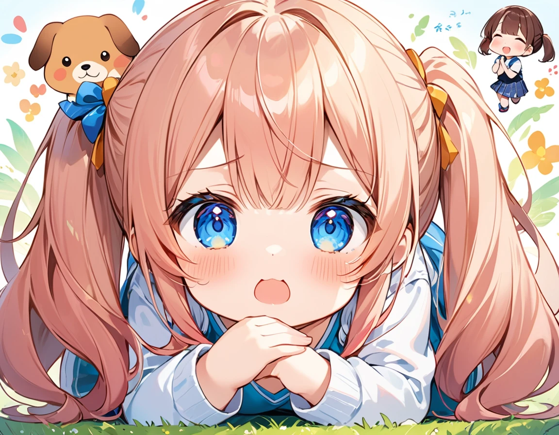 Highest quality、High resolution、Detailed Background、Beautiful face in every detail、Anatomically correct、Detailed facial expressions、fine grain、((full body, from below, side view)), ((One Girl))、Chibi Girl、Cute hair color、Big beautiful blue eyes、Braided twin tails、Elementary school, (Tank top、Vneck、mini skirt、Cute Shoes)、break grassland、((Lying face down、Rest your chin on your hands and bend your knees))、Huge baby dog in front of my face、((face the dog))、Poke with your finger、I'm a little scared、I have a lot of tears in my eyes、An expression that looks like it's about to cry、Close up hands、