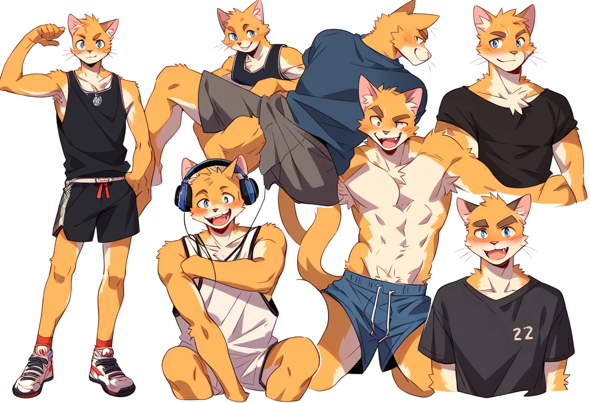 score_9, score_8_up, score_7_up, male, furry, high quality, hires, anthro, teenager, 16 years old, domestic cat, basketball player, bright yellow fur, blue eyes, wide brown eyebrows, excited expression, humanoid feet, slim body, prominent v-line, prominent abs, prominent legs, prominent forearm, prominent knees, white background, treasure trail, armpit hair, furry legs, in various sexy poses, headphones, casual clothes, joggers, black shirt, shorts, showing off, folded arms