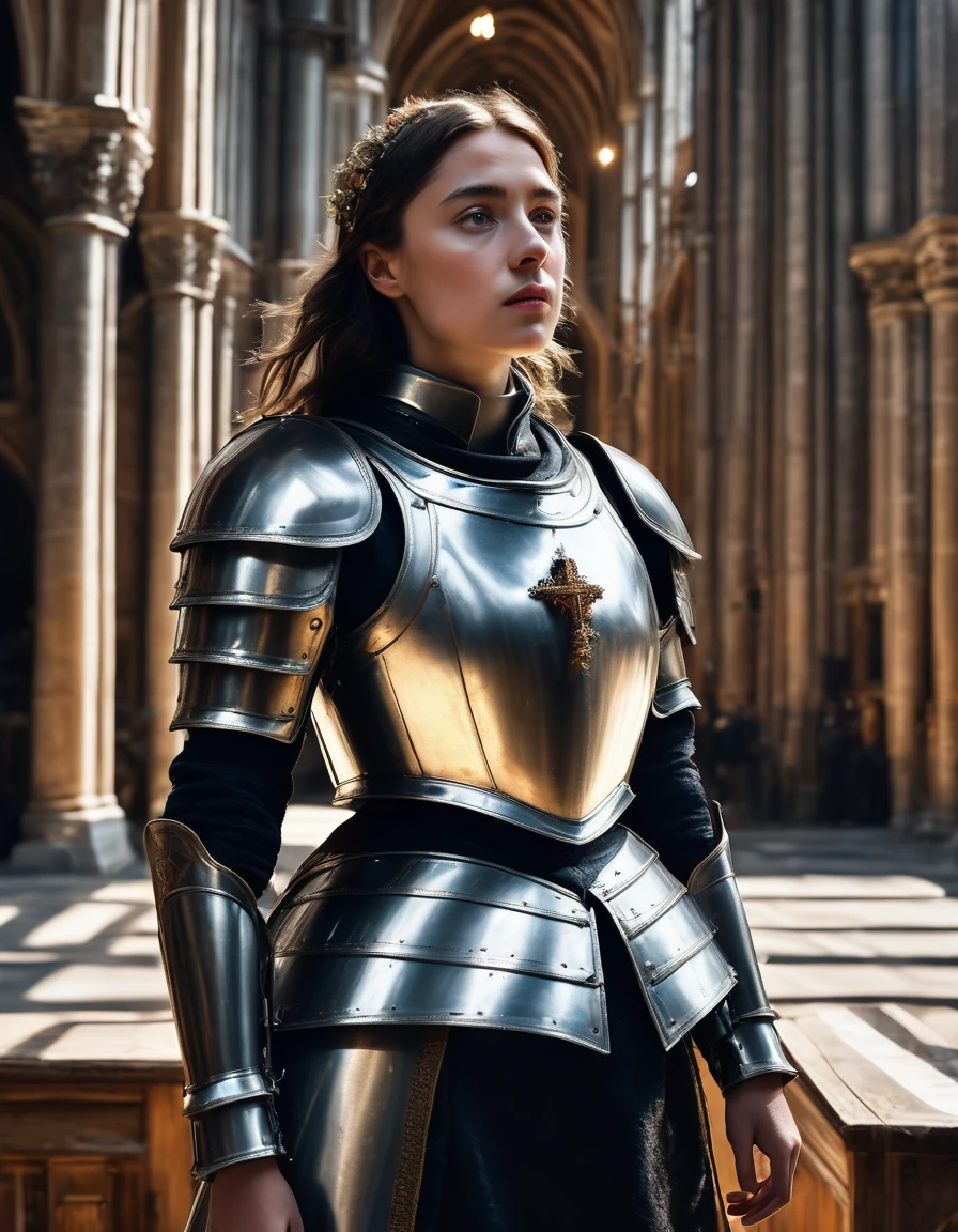 (best quality,4k,8k,highres,masterpiece:1.2),ultra-detailed,(realistic,photorealistic,photo-realistic:1.37), full body shot, Jeanne d'Arc, Joan of Arc, female knight standing inside a cathedral, short brown hair, historical accurate armour, heroic posture, standing, cinematic lighting, vibrant colors, great composition