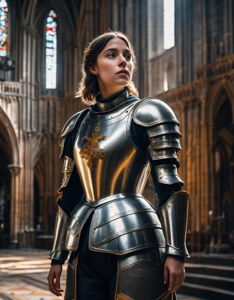 (best quality,4k,8k,highres,masterpiece:1.2),ultra-detailed,(realistic,photorealistic,photo-realistic:1.37), full body shot, Jeanne d'Arc, Joan of Arc, female knight standing inside a cathedral, short brown hair, historical accurate armour, heroic posture, standing, cinematic lighting, vibrant colors, great composition