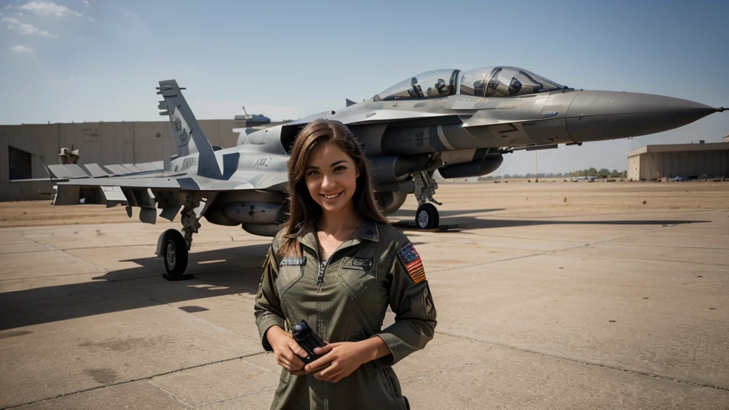 you are a photographer specialist, Generate a USA Aircraft pilot woman, stand with the F-16 raptor, with team work, beauty woman, smiling, Civilization, big bom, short dress, big hips, sexy girl
