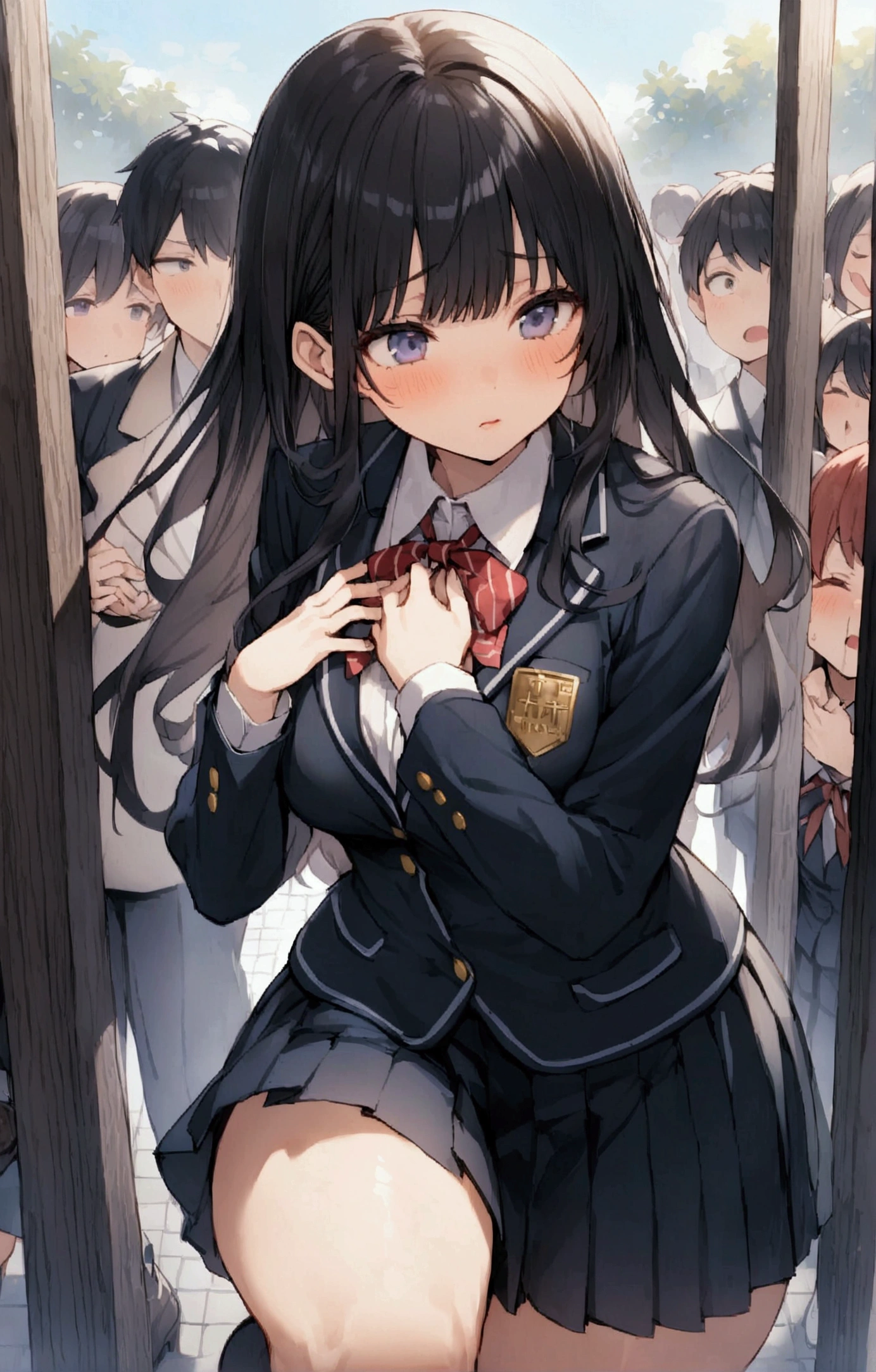 One Woman、beautiful girl、after school、evening、high school girl、School Nameplate、Blazer uniform、Pleated skirt、Black knee-high socks、Long Hair、In front of the school gate、Highest quality, Thick thighs、Big 、Black Hair、Pounding face、A crowd going home from school、In front of the school gateで待つ仕草、A handsome man walks in from the back.、Lean your back against the wall、Holding his chest with both hands