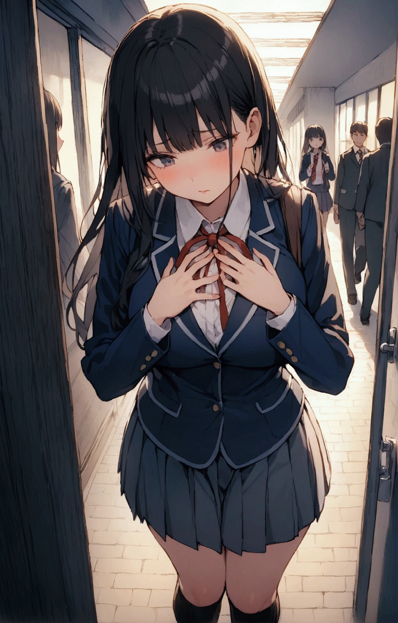 One Woman、beautiful girl、after school、evening、high school girl、School Nameplate、Blazer uniform、Pleated skirt、Black knee-high socks、Long Hair、In front of the school gate、Highest quality,  Thick thighs、Big 、Black Hair、Pounding face、A crowd going home from school、In front of the school gateで待つ仕草、A handsome man walks in from the back.、Lean your back against the wall、Holding his chest with both hands