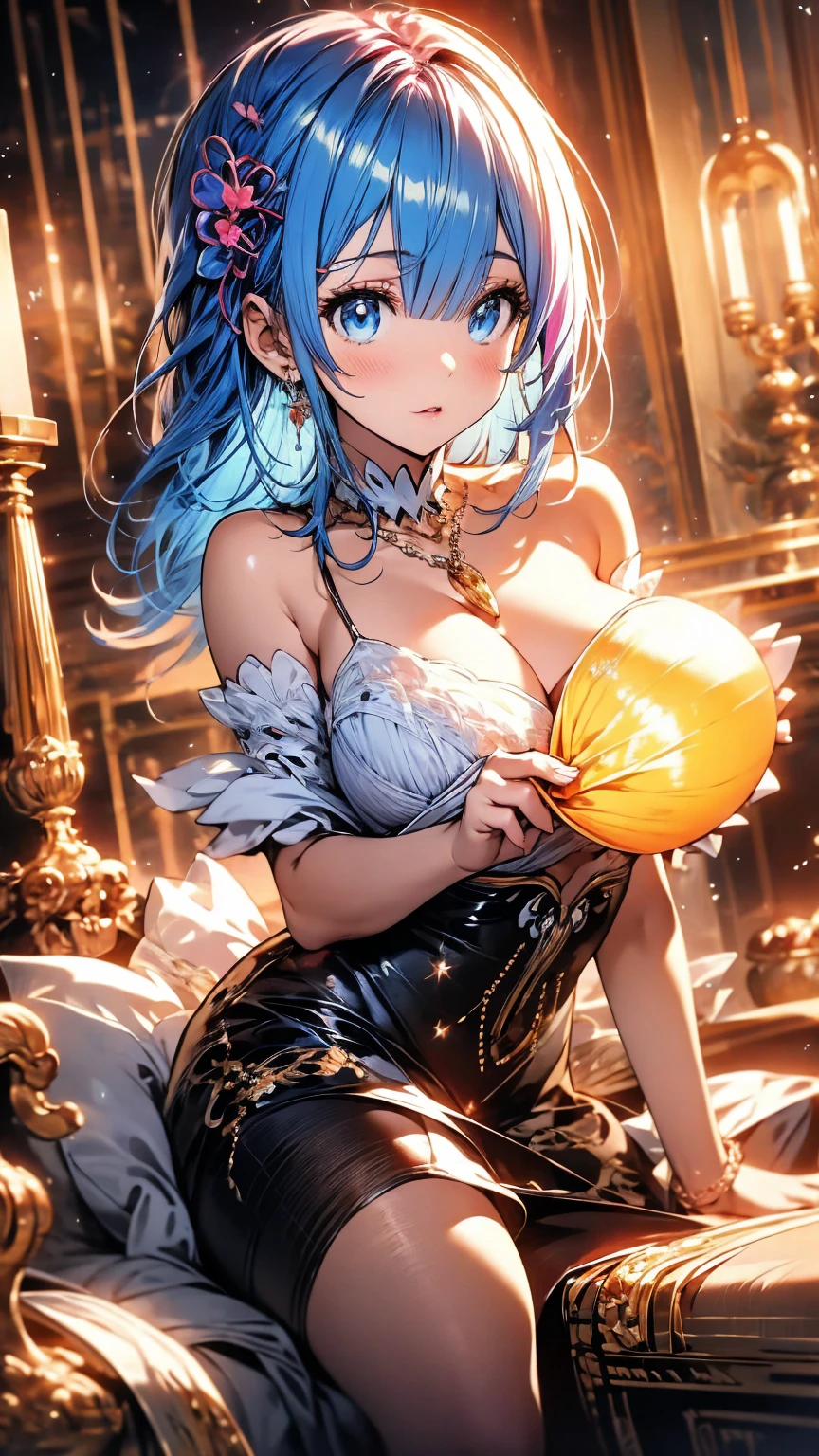 (Highest quality),(masterpiece), 8k,Very detailed, Detailed light, Best Shadow,Detailed reflective eyes, Beautiful Eyes, Very detailedな顔,Shiny Hair,sexy,Big Breasts,Charm,One person,Gloss,Rem,Re:Zero,Blue Hair,blue eyes,full moon,Fantasy,Charm, Blushing,Expressionless,tearsを流す,tears,looking at the camera,front,garter belt,tights,Maid服,Maid,