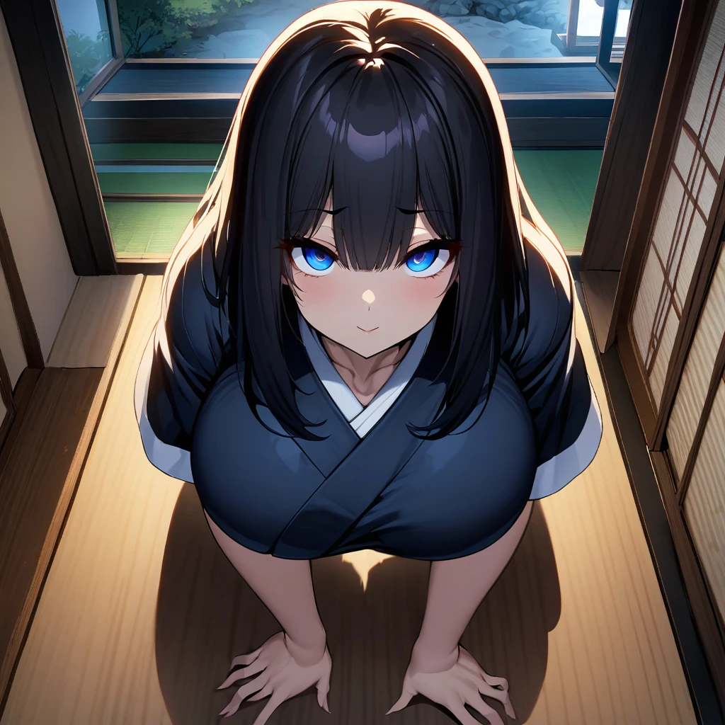 sadako,1girl,solo,super huge breasts,looking at viewer,near,standing up,Crawling,Taken from the viewpoint above,upturned eyes,Shooting from the front,night japanese room,in room