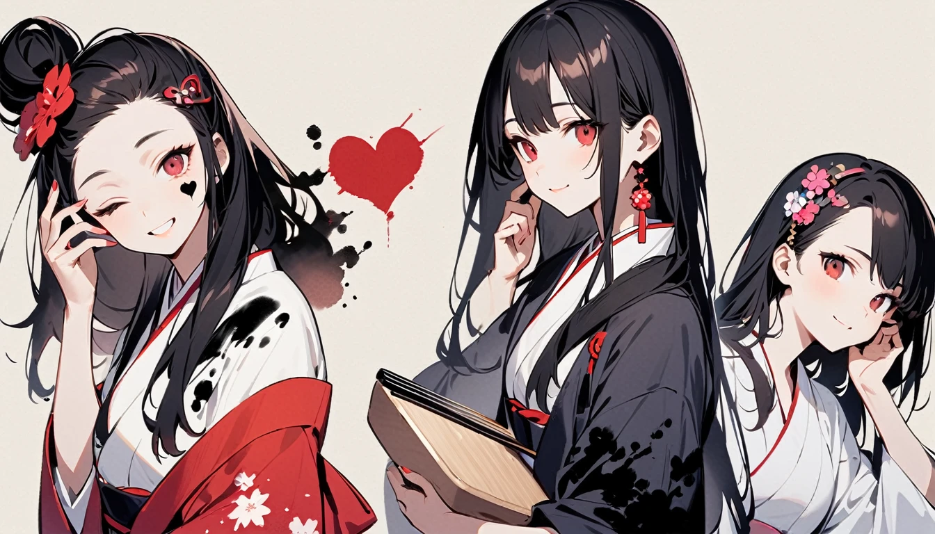 (((Ink Painting))), (((1 girl))), (((Heart tattoo on face))), (((Gorgeous hair accessories))), Japanese style headphones, (((Japan shamisen))), Japanese beautiful girl, Black Hair, Put your hands on your face, smile, devil, Droopy eyes, Red eyes