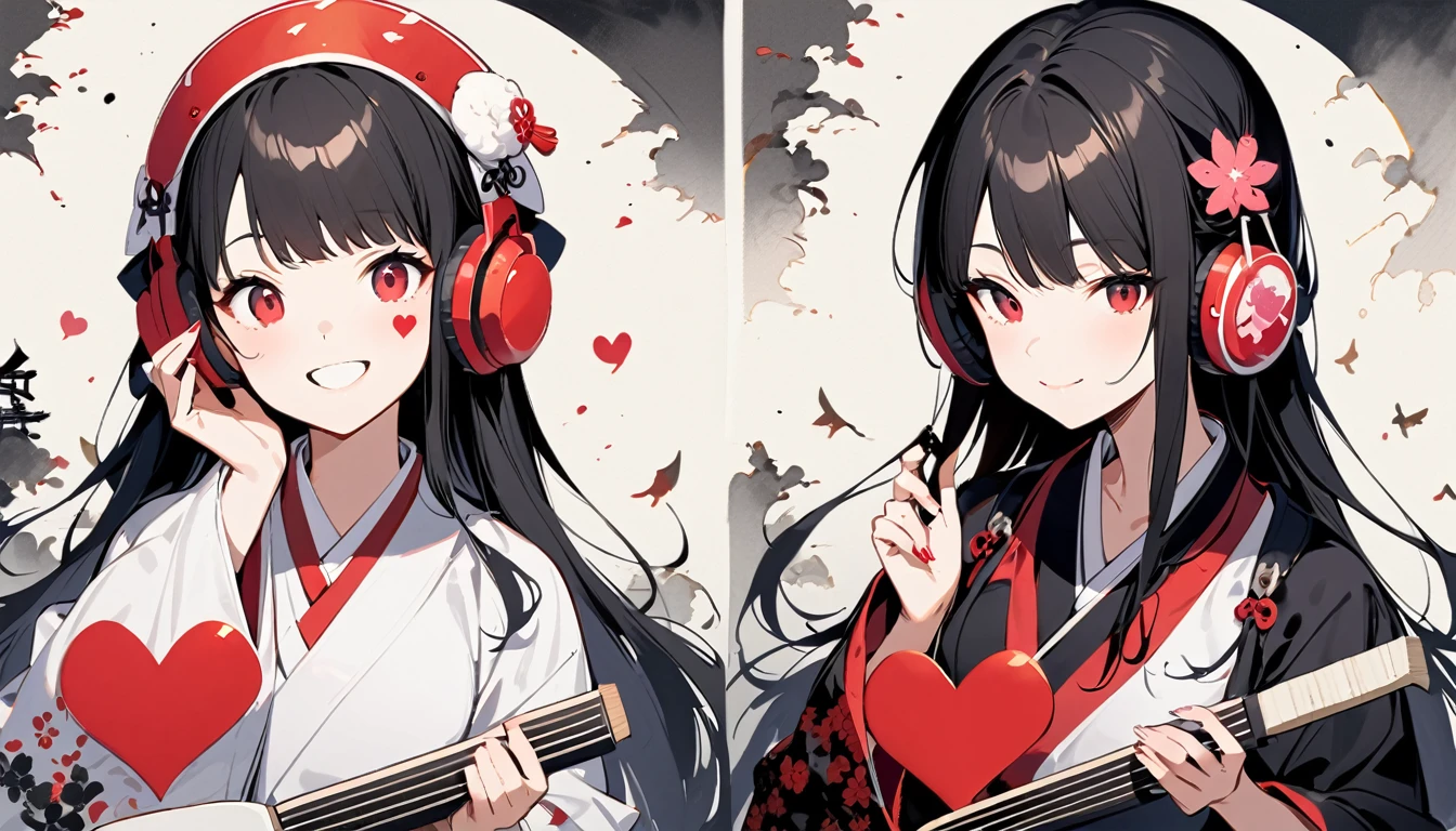 (((Ink Painting))), (((1 girl))), (((Heart tattoo on face))), (((Gorgeous hair accessories))), Japanese style headphones, (((Japan shamisen))), Japanese beautiful girl, Black Hair, Put your hands on your face, smile, devil, Droopy eyes, Red eyes