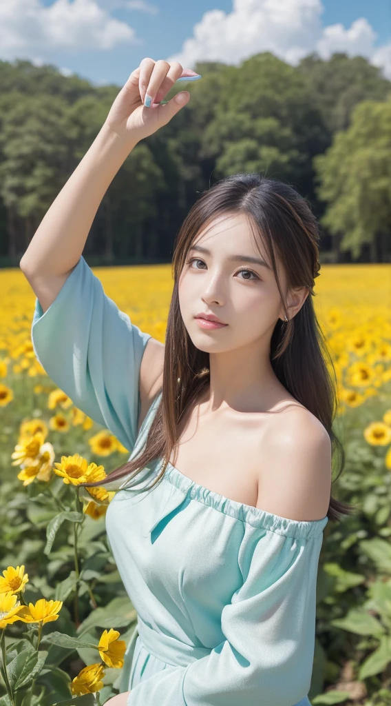 masterpiece, highest quality, Ultra-high resolution, Fluorescent color,, 1 girl, Looking at the audience, Beautiful Face, Beautiful Eyes, (Off the shoulder: 1.2), Lift your head, Upper Body, forest, Shiny Hair, Shiny skin, Shining cut, Little, Adjusting the Finger Ratio、Flower Field、Under the sky、uniform