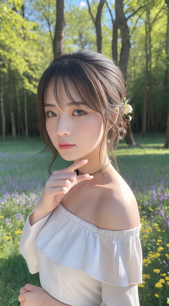 masterpiece, highest quality, Ultra-high resolution, Fluorescent color,, 1 girl, Looking at the audience, Beautiful Face, Beautiful Eyes, (Off the shoulder: 1.2), Lift your head, Upper Body, forest, Shiny Hair, Shiny skin, Shining cut, Little, Adjusting the Finger Ratio、Flower Field、Under the sky、uniform