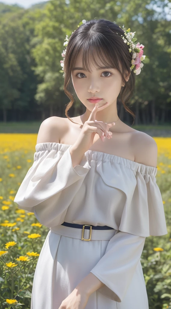 masterpiece, highest quality, Ultra-high resolution, Fluorescent color,, 1 girl, Looking at the audience, Beautiful Face, Beautiful Eyes, (Off the shoulder: 1.2), Lift your head, Upper Body, forest, Shiny Hair, Shiny skin, Shining cut, Little, Adjusting the Finger Ratio、Flower Field、Under the sky、uniform