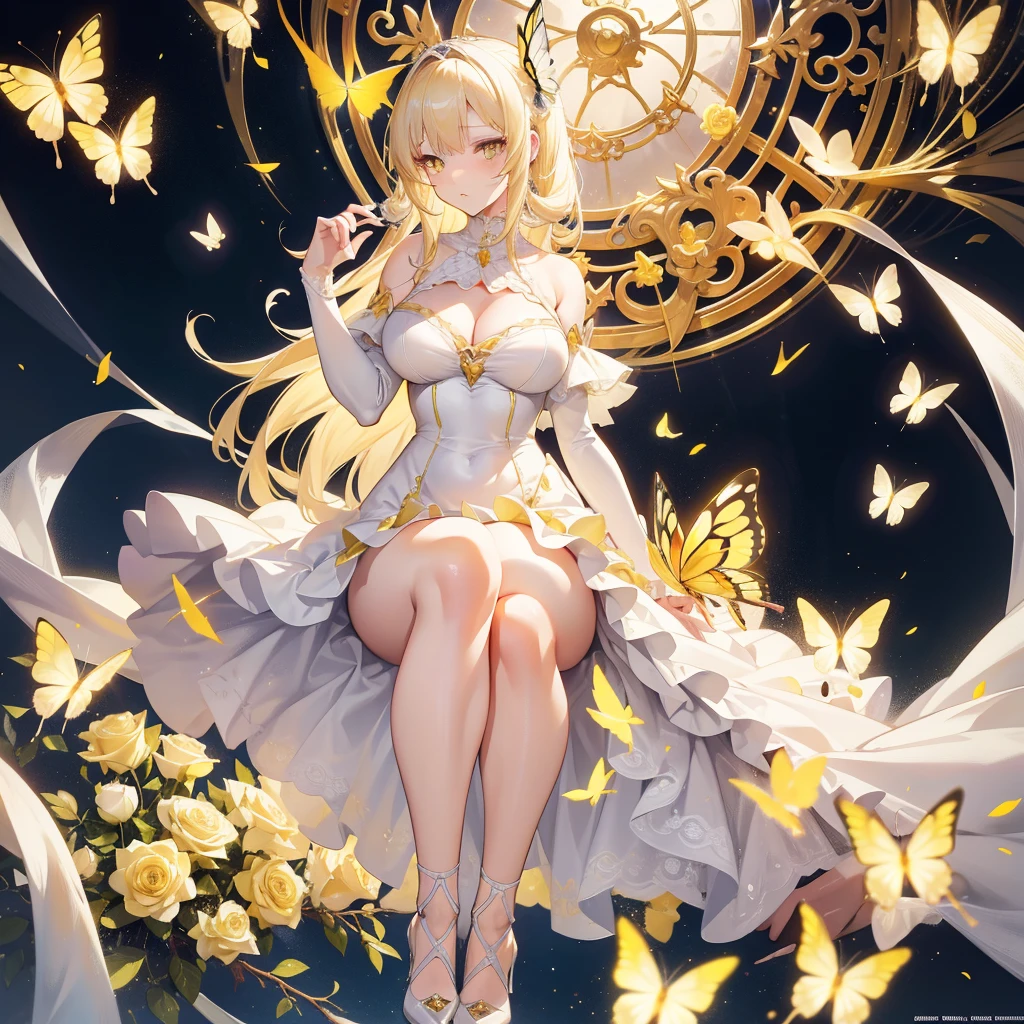 light Hair,yellow Butterfly,yellow eyes,Longest white blonde hair,lewd bigger ,lewd thighs,glass high heels,lewd White princess Dress,8k wallpaper,Detailed background,Maximum resolution,Deep V Bi,Chis,yellow Rose background,full-body shot