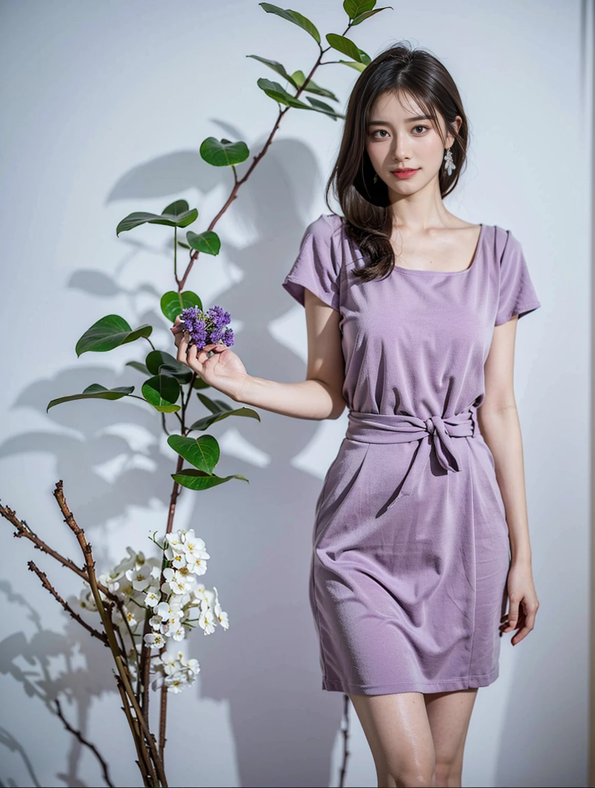 (8k, Raw, Top Quality, Masterpiece: 1.2), (Realistic, Photorealistic: 1.37), Ultra High Resolution, One Girl, Cute, Alone, View Alone, Top Quality, Masterpiece, 8k, droopy eyes, big tits, beautiful breasts, plain background, purple lingerie, purple string panties, smiling, standing, highly detailed face, highly detailed lips, double eyelids, elaborate details and subtle sparkle, shoot her in a pose that reflects both elegance and confidence, enhance the visual effect with cinematic lighting. Use modern 2D design for the background, creating a beautiful, balanced composition. Enhance the scene with elements such as depth of field, bloom effects, and a touch of sparkle, adding a dreamy texture to the overall image. Pay close attention to detail