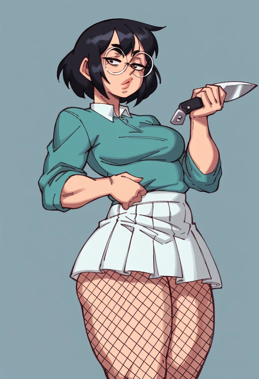 (masterpiece, best quality:1.3), Rizdraws, Thin Lineart, Soft Lineart, 1girl, solo, short straight black hair, black hair, bangs that go to the side down her face, large round glasses, over sized teal shirt, white skirt, knife-pleated, fishnet tights, 