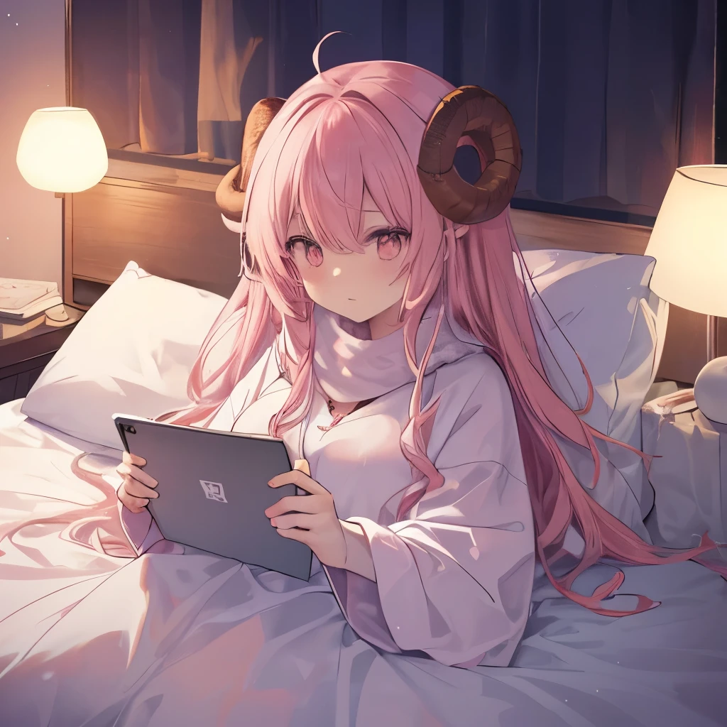 An anime-style illustration of ‘Fua-chan’ watching videos on a smartphone in bed. Fua-chan has distinctive features: long pink hair styled in soft curls resembling sheep’s horns, and pink eyes. She is depicted lying comfortably under cozy blankets, holding a smartphone in her hands with a focused and relaxed expression. The background shows a softly lit bedroom with a few personal decorations, creating a warm and inviting atmosphere as Fua-chan enjoys her time watching videos before sleep.