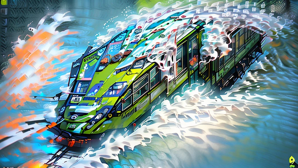 there is a green train that is on the tracks by the water, a colorized photo by Alexander Bogen, unsplash contest winner, hyperrealism, tram, street tram, trams, trams ) ) ), unsplash contest winning photo, near the sea, postprocessed, unsplash photo contest winner, postprocessed), trains in the background, 🚿🗝📝, seaside
