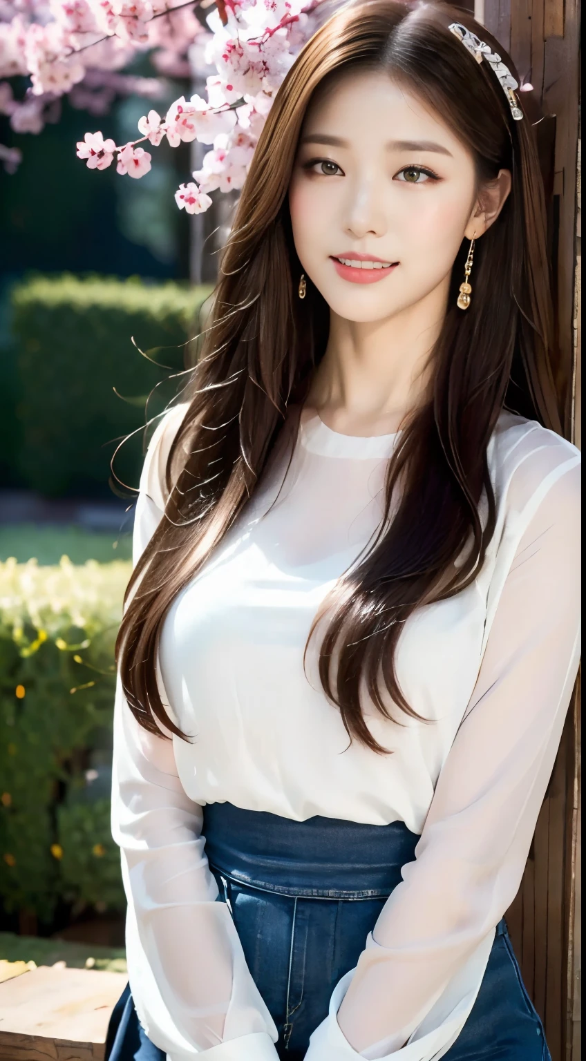 ((Highest quality, 8k, masterpiece :1.3)), One Girl, Open your mouth, A very attractive smile:1.2, Red lipstick:1.2,Heavy makeup:1.2, Beautiful woman, Big Breasts:1.3, Highly detailed face, double eyelid,  Blur the background, Slim face, city, sunny,  nature,garden,cherry blossoms,Looking into the camera,White loose blouse,(Purple tight skirt),(masterpiece: 1.3), (Maximum resolution: 1.4), (Ultra-high resolution: 1.2), Cinematic Light, Ultra-high resolution, (Detailed eyesと肌), (Detailed facial features), 8k resolution, Perfect Style, Beautiful expression、Highly detailed face and skin texture、Detailed eyes、Glitter Eyeliner:1.2、pale cheeks、((Pure white skin:1.4)),Glossy Lips:1.2、((Full Body Shot:1.2)),(Straight Hairstyles、Light brown hair)、One-length long hair、175cm,From above