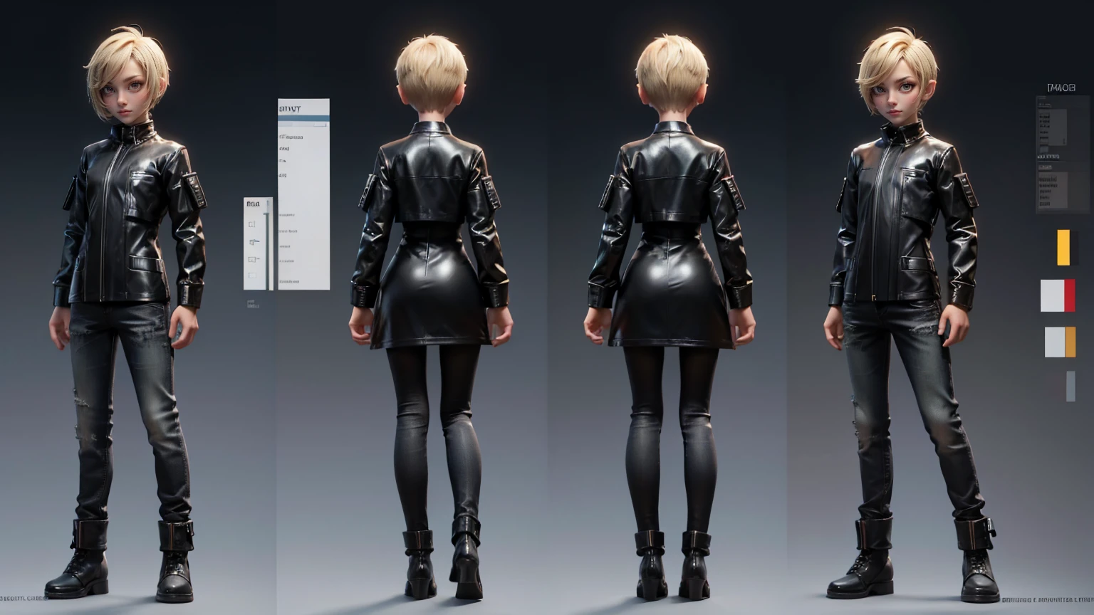 game girl,, wearing a futuristic gaming sarree dress like jeans and shirt in black color,, blond hairs, futuristic dress, gaming full straight standing pose, 14yo student, , Full body, boy, , gaming boy, Simple plain background, HD, standing, modern futuristic dress, front view, modern dresses, unique, Buzz Cut hair style, short hairs. +3 View prompt standing, 3 View Drawings, side and Front and back, Character Sheet, Full body, Simple white background, character reference sheet, Concept art, design sheet, Character Design, full body adoptable horizontal clear charcter style sheet boy