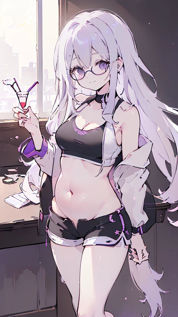 (Cafe Background:1.5), chair, (sedentary:1.5), window, (morning, sunlight:1.5), (Beautiful shades:1.5), (Holding the belly with both hands:1.5), (dynamic angle:1.5), [ 4k digital art ]!!,(big bust, prominent cleavage:1.5), (Black eyes with a slight purple tint:1.5), (a devastated expression, dead eyes, dark atmosphere:1.5), (white hair, long hair, weak perm:1.5), (sports bra, extra long sports jacket, hot pants, :1.5), (bare foot, round-rimmed glasses:1.5), (Aegyo belly fat:1.5), (smiling faintly:1.5),(thin legs, thin:1.5)