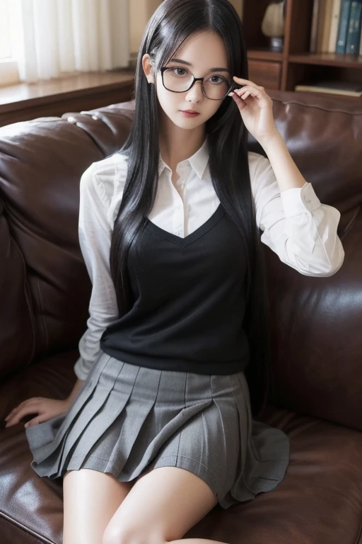 loose socks、Sitting on the couch、((Long black hair))、((She wears cute glasses))、Pleated skirt、Black Shirt、Drunk、(Sexual Ecstasy)、((Glasses))、Highest quality, Realistic, Super delicate illustration, Beautiful and attractive girl, Slender body, One Girl, Girl Photos, Full Body Shot, Panty shot、