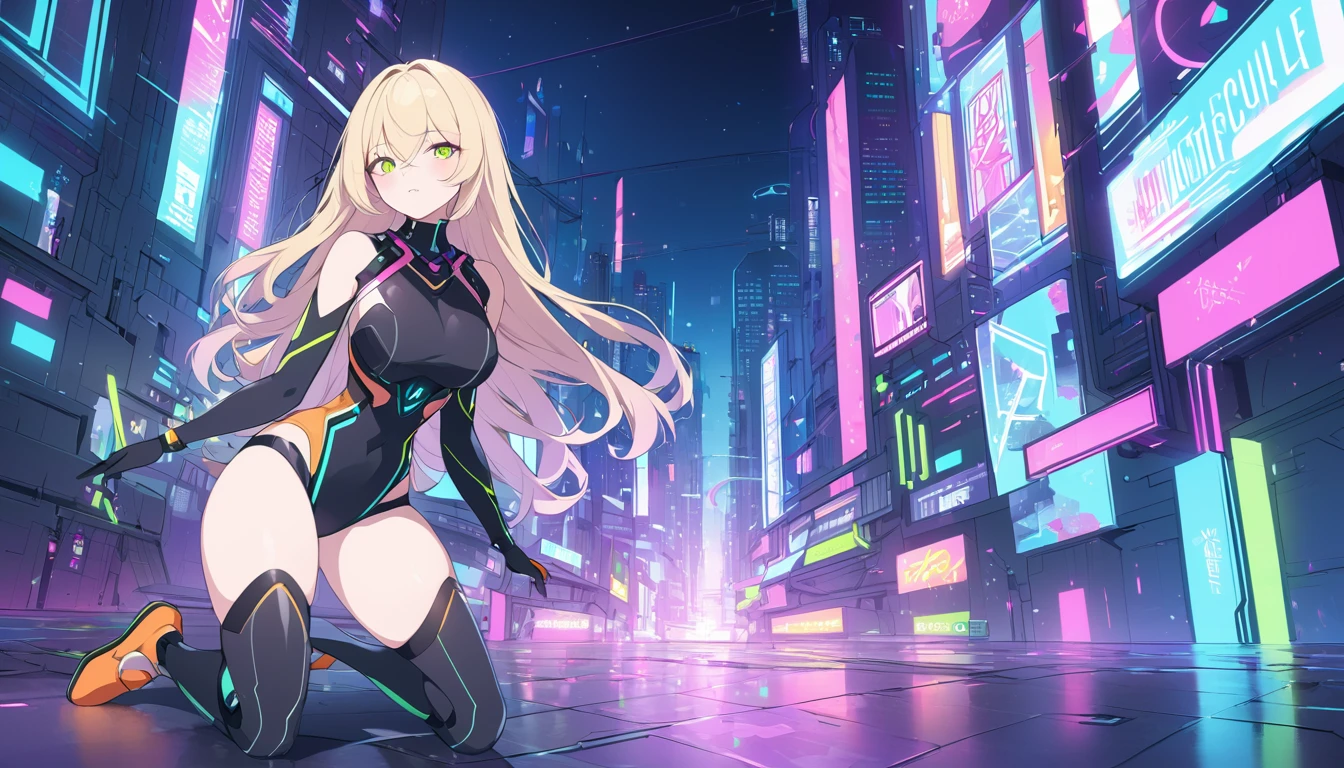 Create a full-body illustration of a seductive blonde anime girl in a dynamic pose. She should be wearing tight, futuristic clothes that highlight her curves, featuring high-tech fabrics and accessories. Use vibrant neon colors for the outfit and background to create a lively and energetic atmosphere. The background should include a cyberpunk cityscape with neon lights. Ensure the image is in a resolution suitable for an iPhone wallpaper, capturing the futuristic and dynamic theme effectively