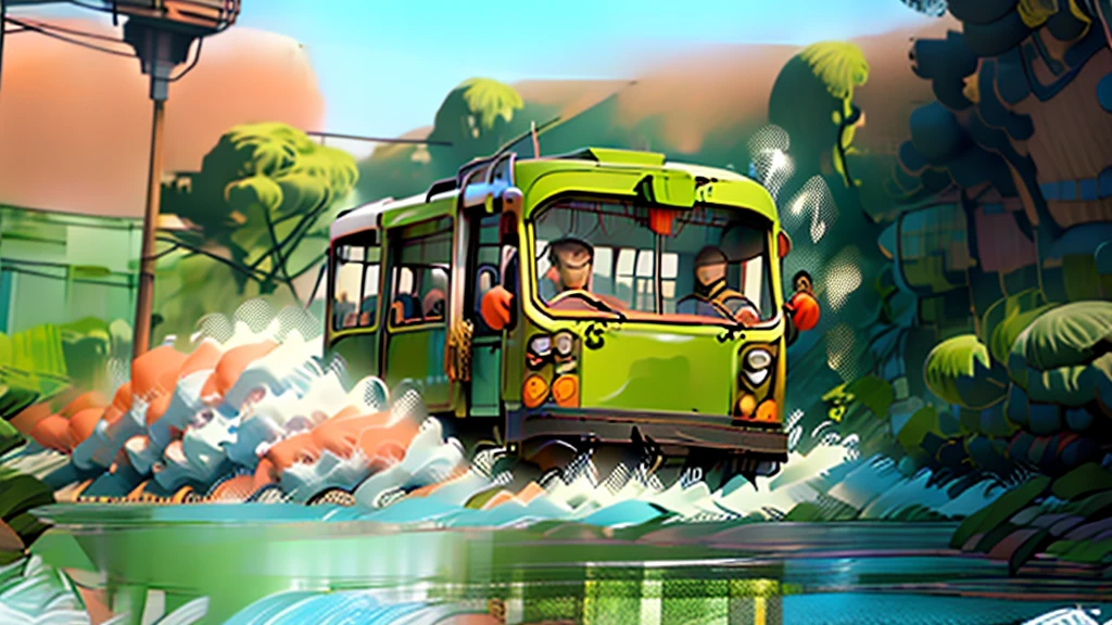 there is a green train that is on the tracks by the water, a colorized photo by Alexander Bogen, unsplash contest winner, hyperrealism, tram, street tram, trams, trams ) ) ), unsplash contest winning photo, near the sea, postprocessed, unsplash photo contest winner, postprocessed), trains in the background, 🚿🗝📝, seaside