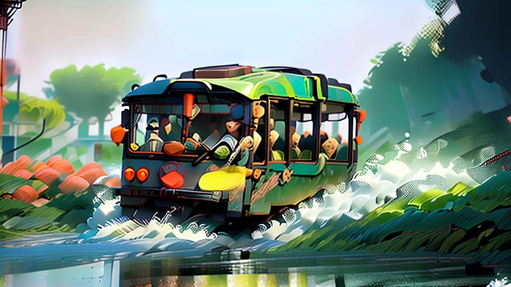 there is a green train that is on the tracks by the water, a colorized photo by Alexander Bogen, unsplash contest winner, hyperrealism, tram, street tram, trams, trams ) ) ), unsplash contest winning photo, near the sea, postprocessed, unsplash photo contest winner, postprocessed), trains in the background, 🚿🗝📝, seaside