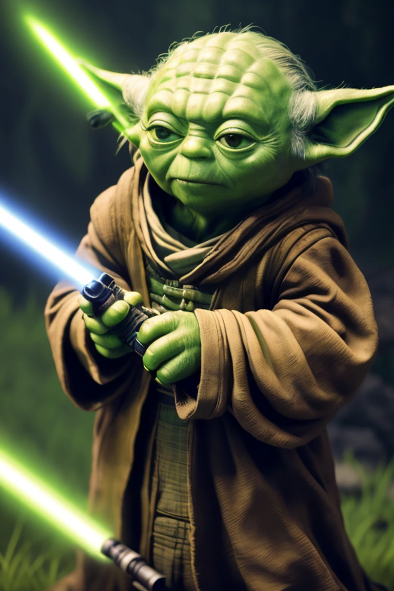 Yoda is holding a lightsaber and a lightsaber, Yoda Portrait from Art from Fantasy, Star Wars character, holding lightsaber 4k, Master Yoda, Jedi with lightsaber, Portrait of Yoda, Jedi Master, Yoda:-1, Small character. Motor Unreal 5, painting digital adorable, Iconic character of high detail, 3d render character art 8k, Yoda Kawaii