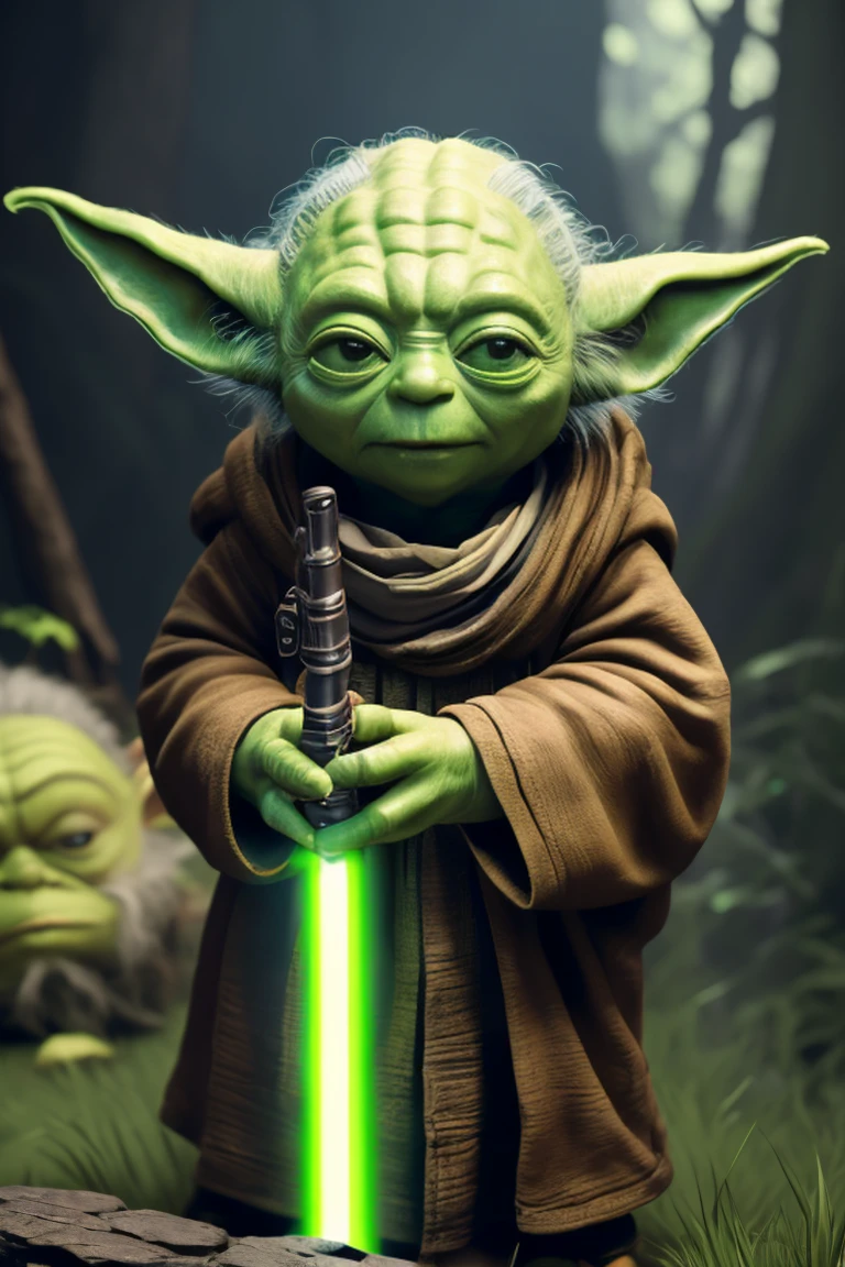 Yoda is holding a lightsaber and a lightsaber, Yoda Portrait from Art from Fantasy, Star Wars character, holding lightsaber 4k, Master Yoda, Jedi with lightsaber, Portrait of Yoda, Jedi Master, Yoda:-1, Small character. Motor Unreal 5, painting digital adorable, Iconic character of high detail, 3d render character art 8k, Yoda Kawaii