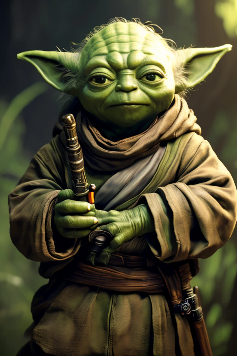 Yoda is holding a lightsaber and a lightsaber, Yoda Portrait from Art from Fantasy, Star Wars character, holding lightsaber 4k, Master Yoda, Jedi with lightsaber, Portrait of Yoda, Jedi Master, Yoda:-1, Small character. Motor Unreal 5, painting digital adorable, Iconic character of high detail, 3d render character art 8k, Yoda Kawaii