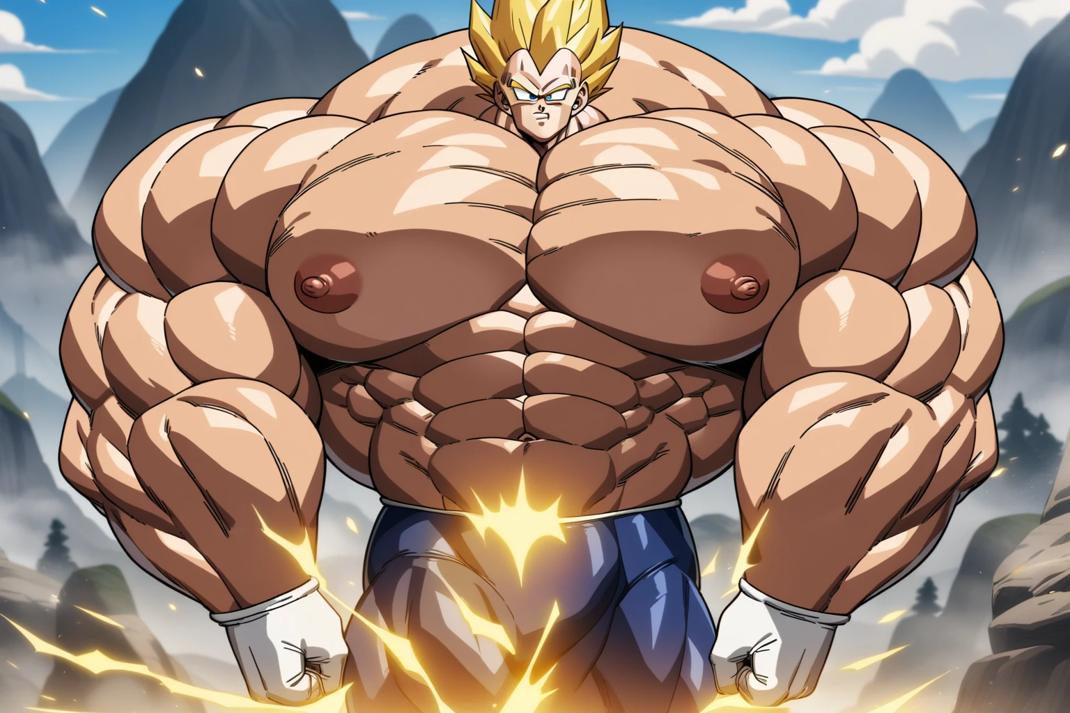 1boy, Vegeta, from Dragon Ball Z, masterpiece, best quality, very aesthetic, absurdres, saiyan, green eyes, spiked hair, (yellow hair:1.5), shirtless, blue skintight pants, white gloves, (huge muscles:2.5), dragonballartstyle, in the style of Akira Toriyama, white tiled floor, outdoors, flat-top mountains, nipples, yellow aura, electricity