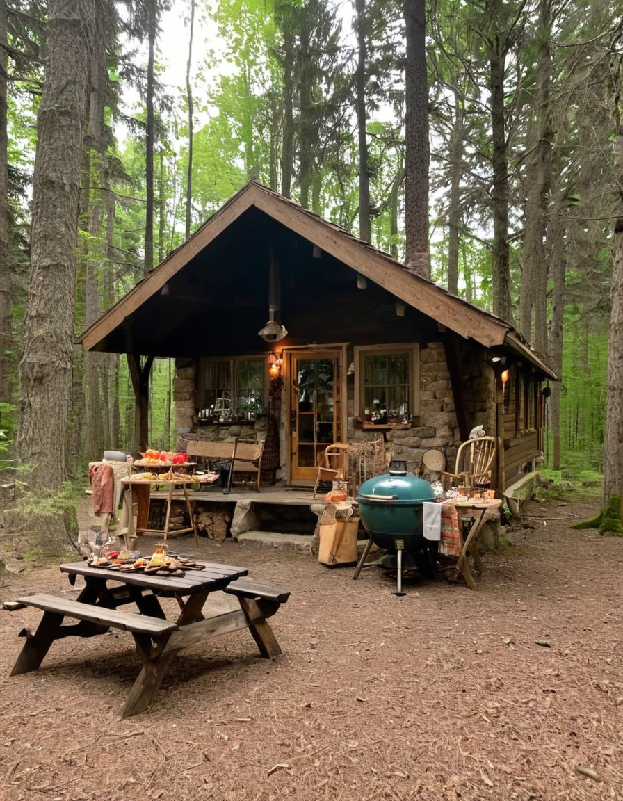 there is a table with food and a grill in the woods, cottagecore!!, cabin in the woods, a brick cabin in the woods, cottagecore, forest picnic, ❤🔥🍄🌪, cottagecore hippie, cottage in the woods, in a cabin, old cabin, log cabin, witch cottage in the forest
