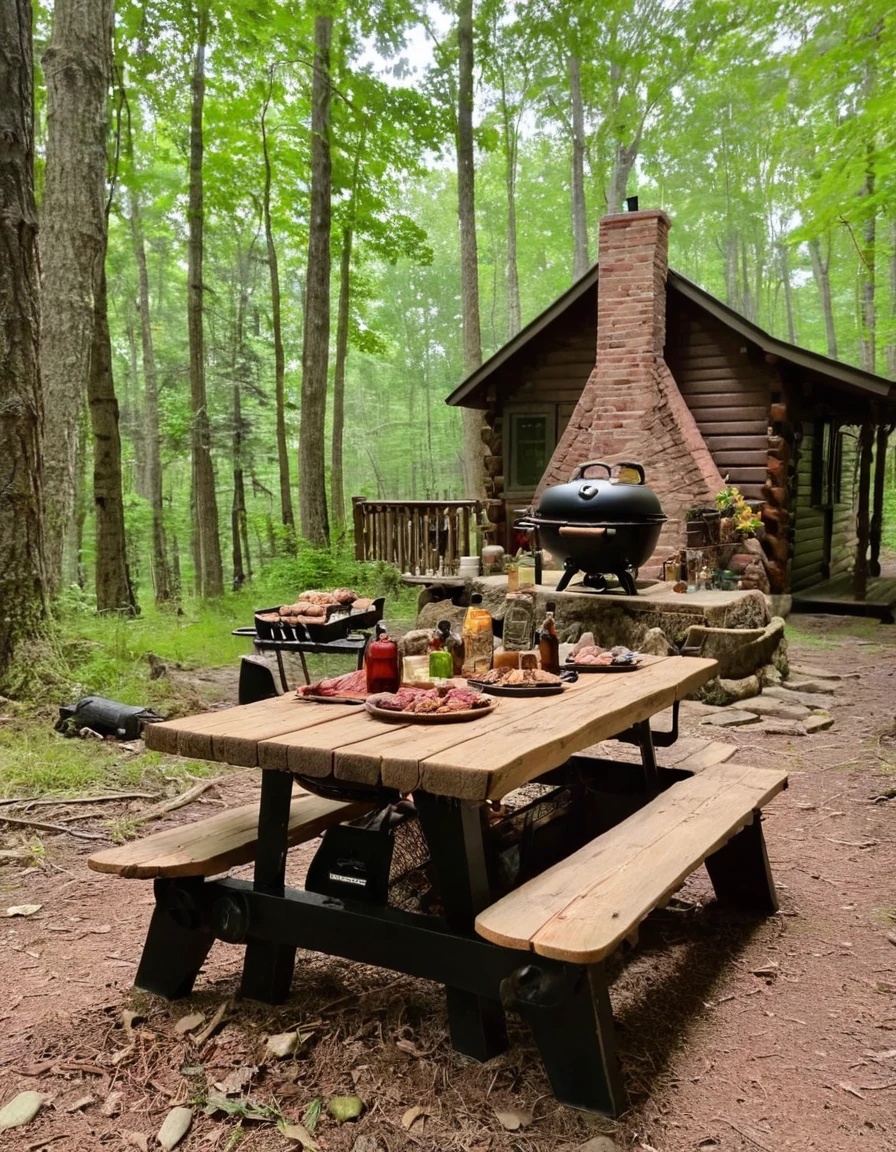 there is a table with food and a grill in the woods, cottagecore!!, cabin in the woods, a brick cabin in the woods, cottagecore, forest picnic, ❤🔥🍄🌪, cottagecore hippie, cottage in the woods, in a cabin, old cabin, log cabin, witch cottage in the forest