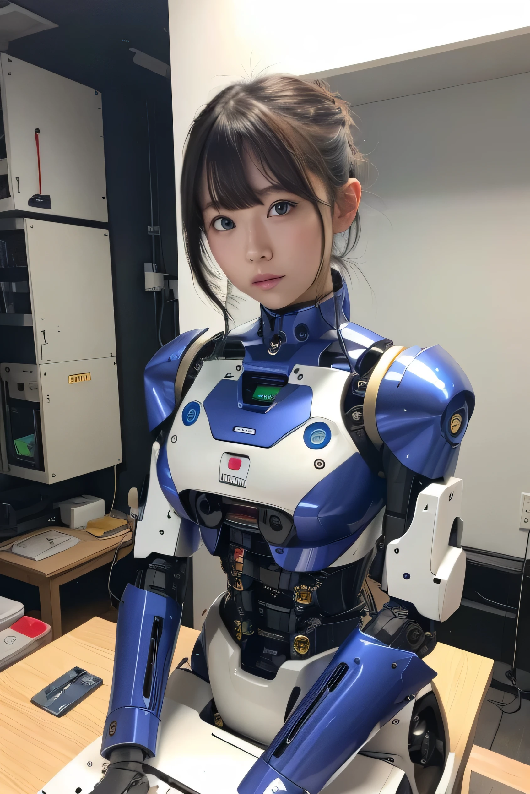 masterpiece, best quality, extremely detailed, Japaese android girl,Plump ,control panels,android,Droid,Mechanical Hand, Robot arms and legs,Blunt bangs,perfect robot girl,long tube,thick cable connected her neck,android,robot,humanoid,cyborg,japanese cyborg girl ,robot-assembly plant,She has assembled now,assembly scene,chest monitor,blue eyes