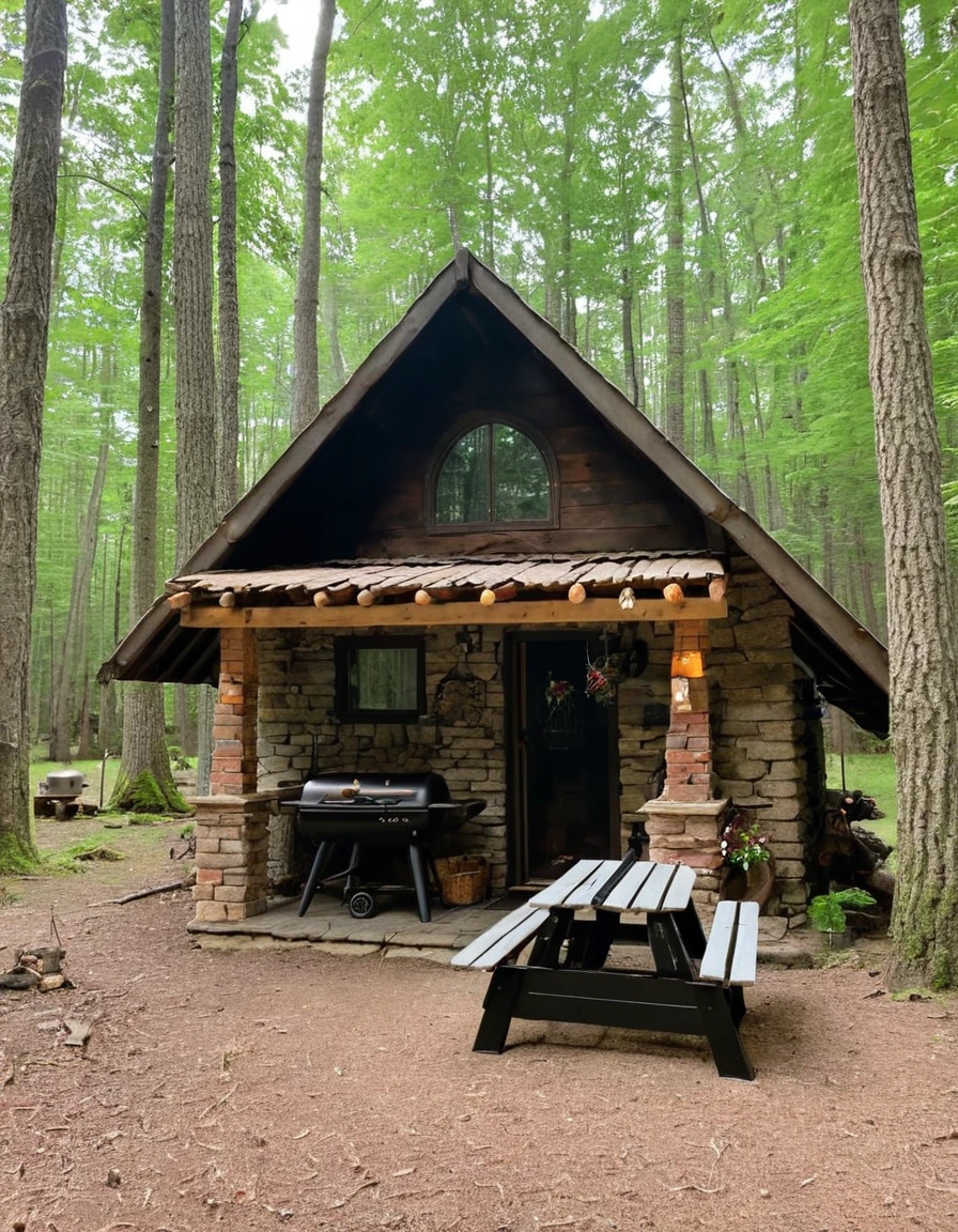 there is a table with food and a grill in the woods, cottagecore!!, cabin in the woods, a brick cabin in the woods, cottagecore, forest picnic, ❤🔥🍄🌪, cottagecore hippie, cottage in the woods, in a cabin, old cabin, log cabin, witch cottage in the forest