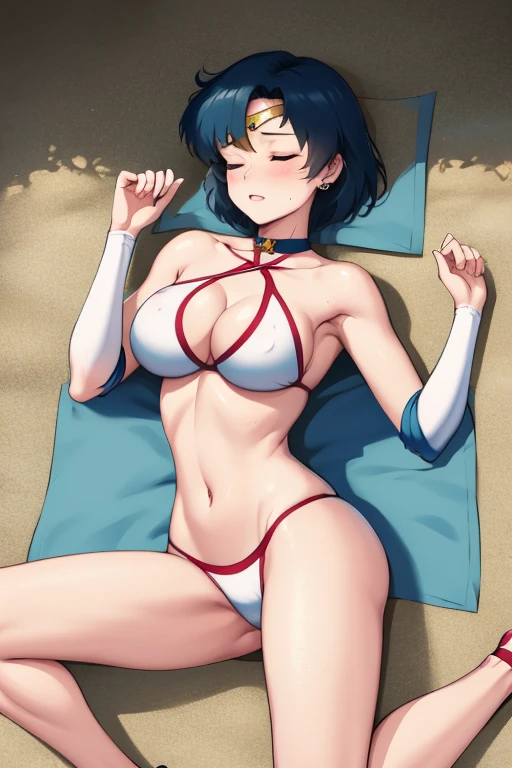 masterpiece, best quality, beautiful art, high resolution, well formed hands, body and fingers, 1 woman, solo, Sailor Mercury, sailor collar, elbow gloves, earrings, blue makeup, sailor senshi uniform, full body picture, grown up, adult, large and rounded breasted, cleavage, hair ornament, wearing a Tyris Flare outfit ,  white_bikini, full body, sexy and skimpy  bikini, gorgeous  hips, legs and thighs bouncing breasts,ryona,in peril, she is  defeated, knocked out, passed out, closed eyes, exhausted, unconscious, laying down on the sand, extended exposed body, full body on the sand, breathing heavily, sexy smirk on her face, bouncing breasts, sexy defeated pose, defeat and  KO scene, fallen beauty, martial arts tournament with beach environment      