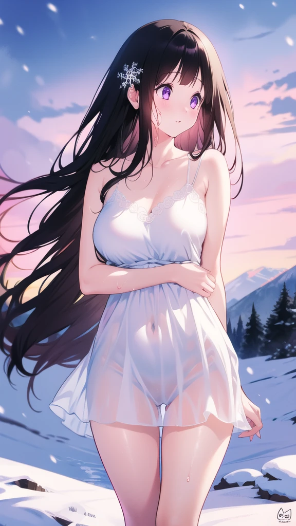 Chitanda,只有一个beautiful girl,Purple Eyes, Black Hair, Natural straight hair, Straight bangs,Extremely refined,open your lips,Face is so red,Very white skin,Skin as delicate as porcelain,Glowing skin,big eyes,Flowing long hair,beautiful girl, Like a dream,Slim,Slim waist,Soft, (Sensual), (Kawaii), Dream quality,Sweaty and sweaty,Wet skin,Side breasts,snowflake,Playing in the snow on the snow mountain,Looking up,Looking up,Falling to the ground,Thighs clamp hands,It's covered in water,Hands reach into your pants,White transparent dress,Profile,(Completely naked),Gluteal groove,The outline of the breasts is visible through clothing,Completely naked的背部,nacked hip,very close,Deep V neckline,Loose neckline,Beautiful big breasts,No pants,nopan,no pants,Bare shoulders,There are no shoulder straps,Exposed collarbone,Delicate clavicle,Delicate hands and feet,Bare neck,There are no clothes around the neck,Bare thighs,Exposed groin,Camel toe,extremely shy,Ultra-high resolution, (masterpiece:1.2, best quality), (Delicate and beautiful eyes: 1.2), (Beautiful and delicate face)