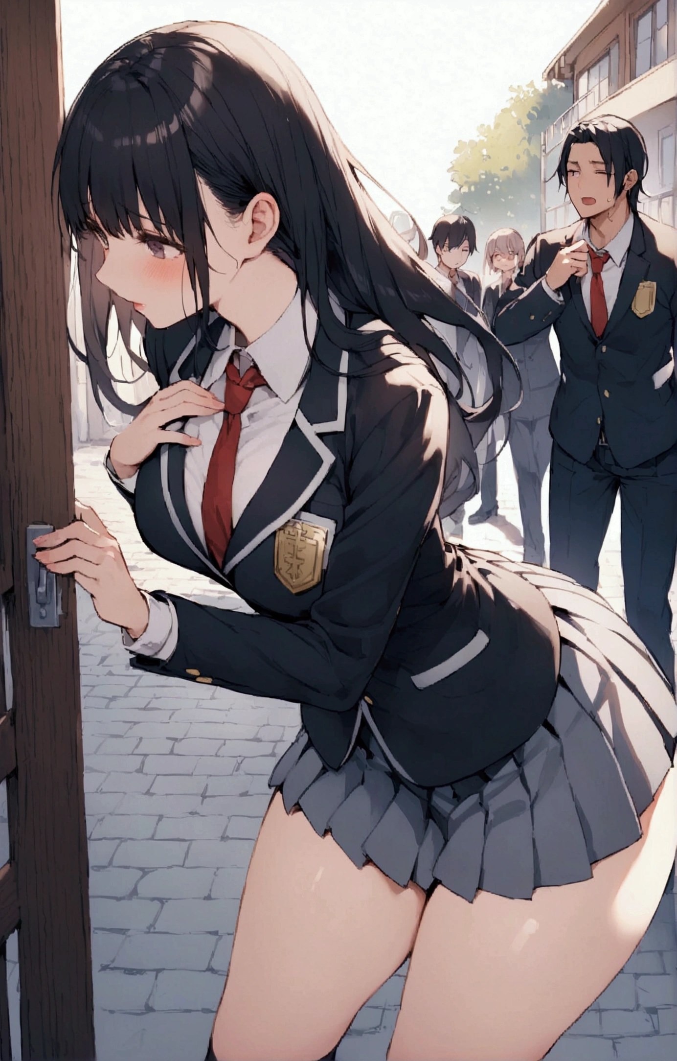 One Woman、beautiful girl、after school、evening、high school girl、School Nameplate、Blazer uniform、Pleated skirt、Black knee-high socks、Long Hair、In front of the school gate、Highest quality, Thick thighs、Big 、Black Hair、Pounding face、A crowd going home from school、In front of the school gateで待つ仕草、A handsome man walks in from the back.、Lean your back against the wall、Holding his chest with both hands、A handsome man is greeting