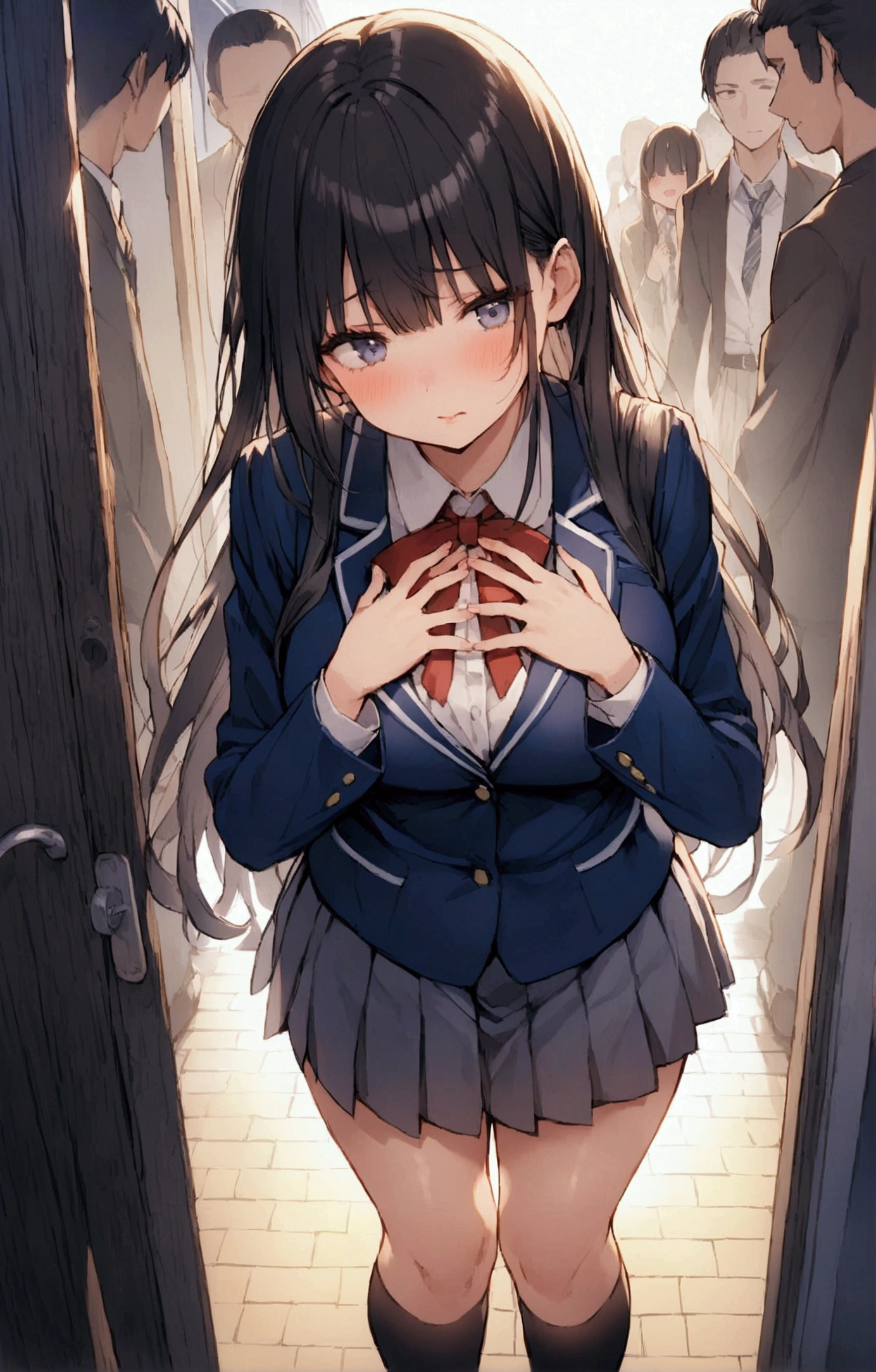 One Woman、beautiful girl、after school、evening、high school girl、School Nameplate、Blazer uniform、Pleated skirt、Black knee-high socks、Long Hair、In front of the school gate、Highest quality, Thick thighs、Big 、Black Hair、Pounding face、A crowd going home from school、In front of the school gateで待つ仕草、A handsome man walks in from the back.、Lean your back against the wall、Holding his chest with both hands、A handsome man is greeting