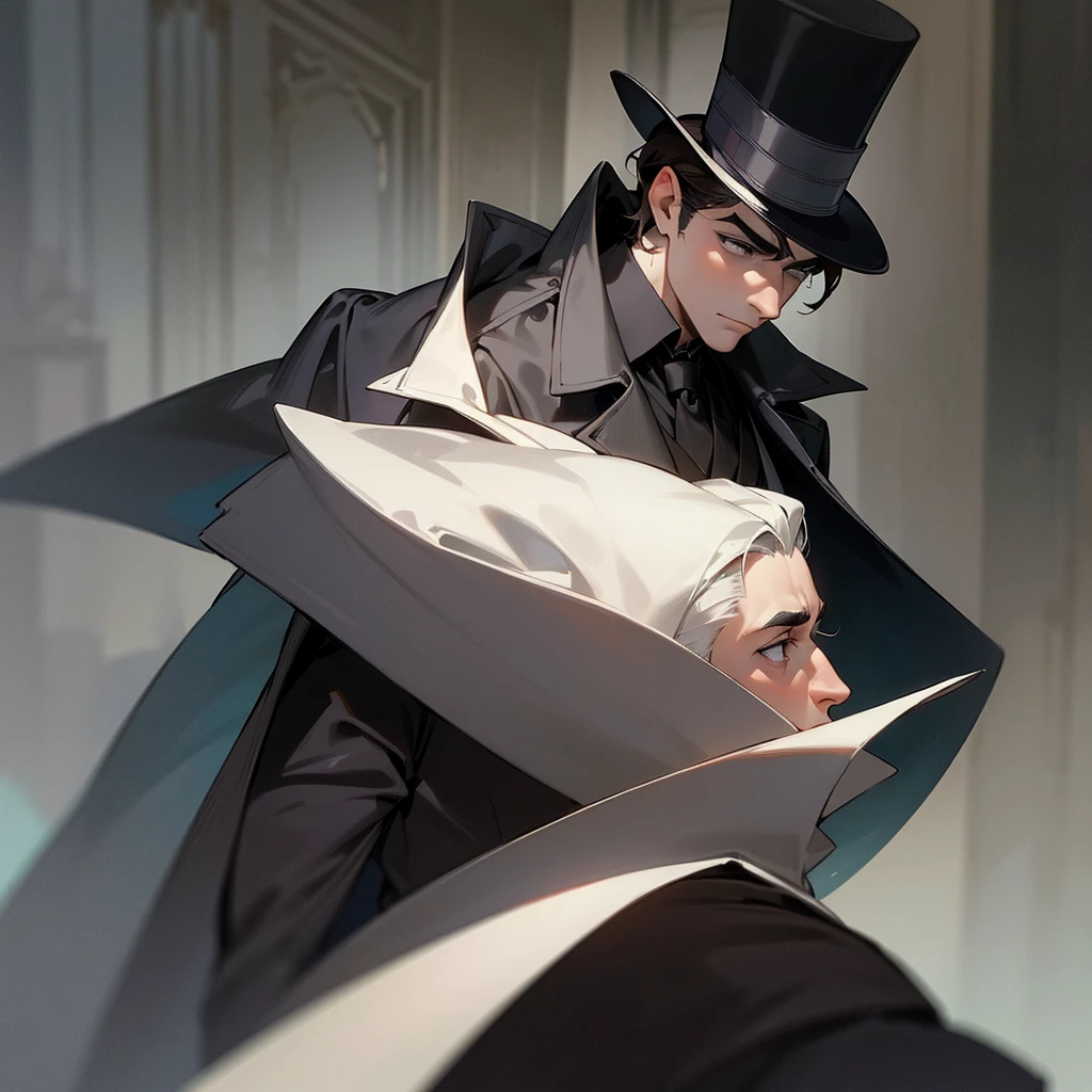 masterpiece, Highest quality, Realistic, 1 person, Mature Men, A quiet and attractive young man, Age 25, Close ~ eyes, Serious expression, Highly detailed face, ((Dark grey eyes)), ((Short dark brown hair swept to the right)), [Thick eyebrows], Thief, city, ((Wearing a classic overcoat and top hat)), Cinema Lighting, Looking at the audience, Postural dynamics,Side angle