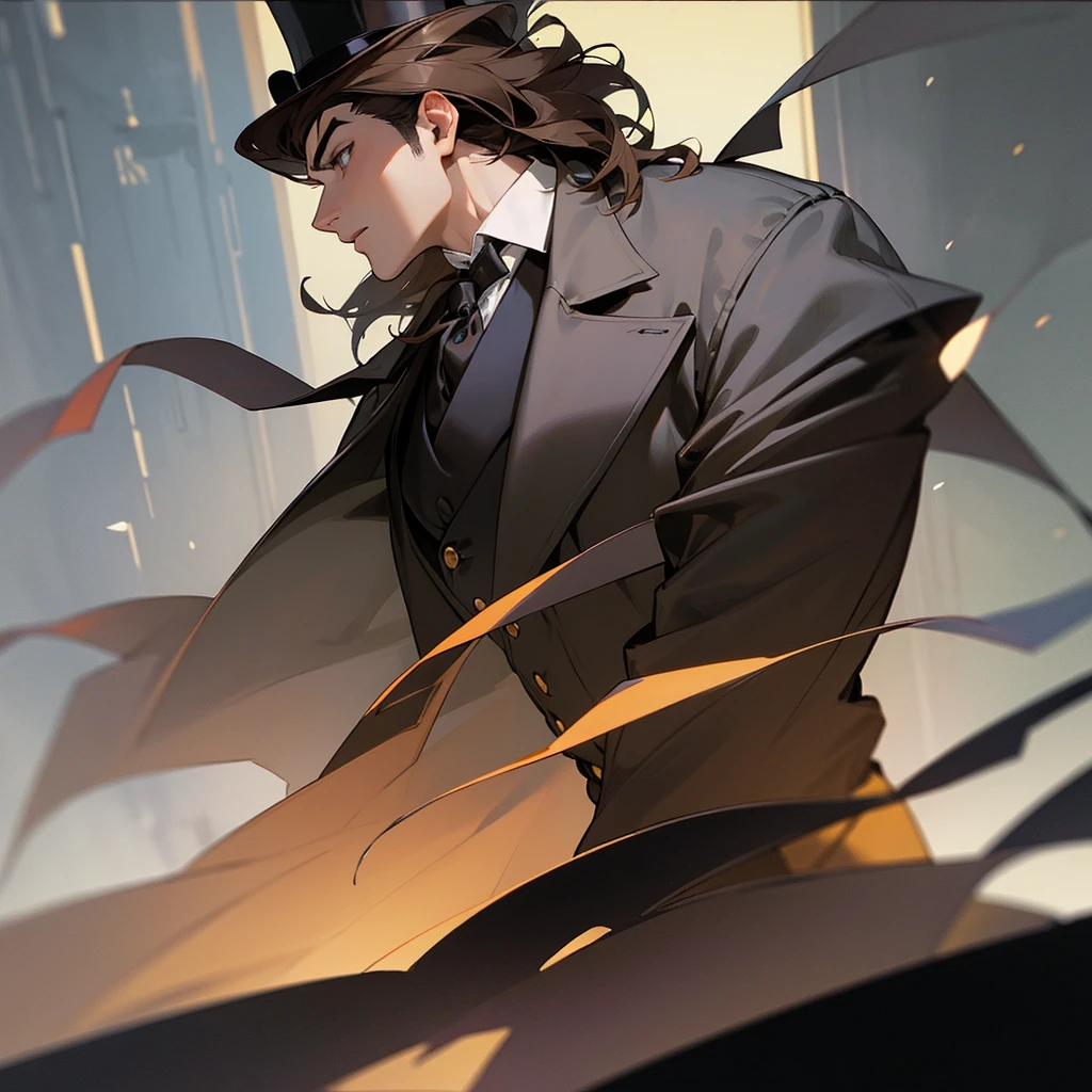 masterpiece, Highest quality, Realistic, 1 person, Mature Men, A quiet and attractive young man, Age 25, Close ~ eyes, Serious expression, Highly detailed face, ((Dark grey eyes)), ((Short dark brown hair swept to the right)), [Thick eyebrows], Thief, city, ((Wearing a classic overcoat and top hat)), Cinema Lighting, Looking at the audience, Postural dynamics,Side angle
