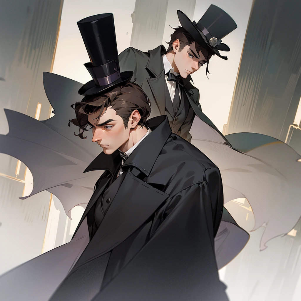 masterpiece, Highest quality, Realistic, 1 person, Mature Men, A quiet and attractive young man, Age 25, Close ~ eyes, Serious expression, Highly detailed face, ((Dark grey eyes)), ((Short dark brown hair swept to the right)), [Thick eyebrows], Thief, city, ((Wearing a classic overcoat and top hat)), Cinema Lighting, Looking at the audience, Postural dynamics,Side angle