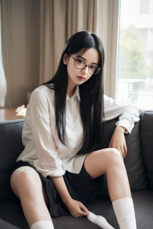 loose socks、Sitting on the couch、((Long black hair))、((She wears cute glasses))、Pleated skirt、Black Shirt、Drunk、(Sexual Ecstasy)、((Glasses))、Highest quality, Realistic, Super delicate illustration, Beautiful and attractive girl, Slender body, One Girl, Girl Photos, Full Body Shot, Panty shot、