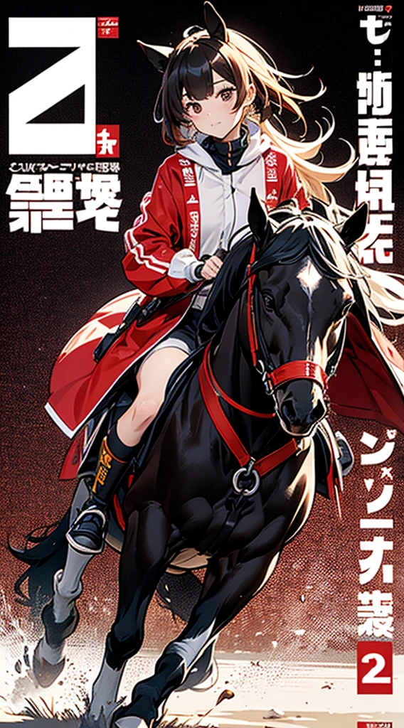 Horse-themed characters, サイバーパンク, オーバーサイズパーカー, Wearing big sneakers, whole body, Simple Background, Magazine cover style, Scarlet image color, Horse tail, Run at full speed, horse ears, tachi-e, projected inset, UHD, best quality, highres, 8k