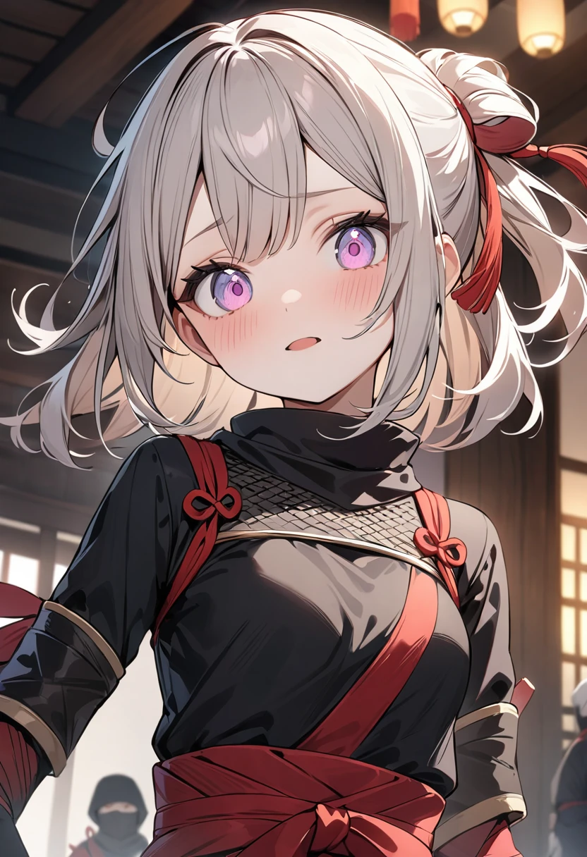 (masterpiece, top quality, very aesthetic, 4k、illustration), intricate detail, 1girl,Standing 、(upper body)、clear face、Round eyes、,
Cute 、Random Hair Color、,middle hair,sidelock ,Random Color　eyes、ninja clothes、small breasts、Slim 、